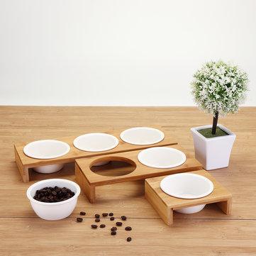 Myshop1 ציוד לכלבים וחתולים Elevated Dog Cat Bamboo Pet Feeder Ceramic Bowl Raised Stand 3 Sizes Durable